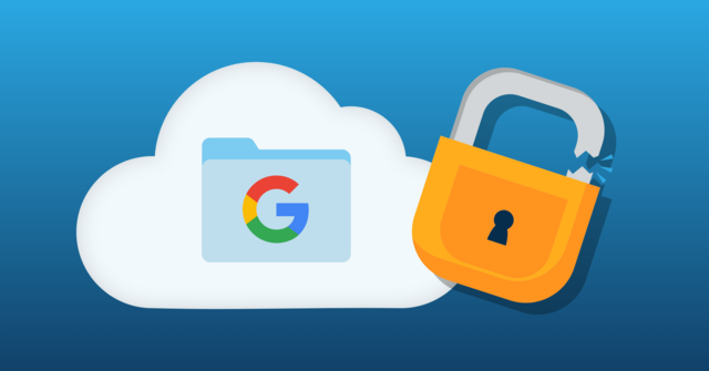 a cloud with a google file folder in the center and a broken padlock next to it